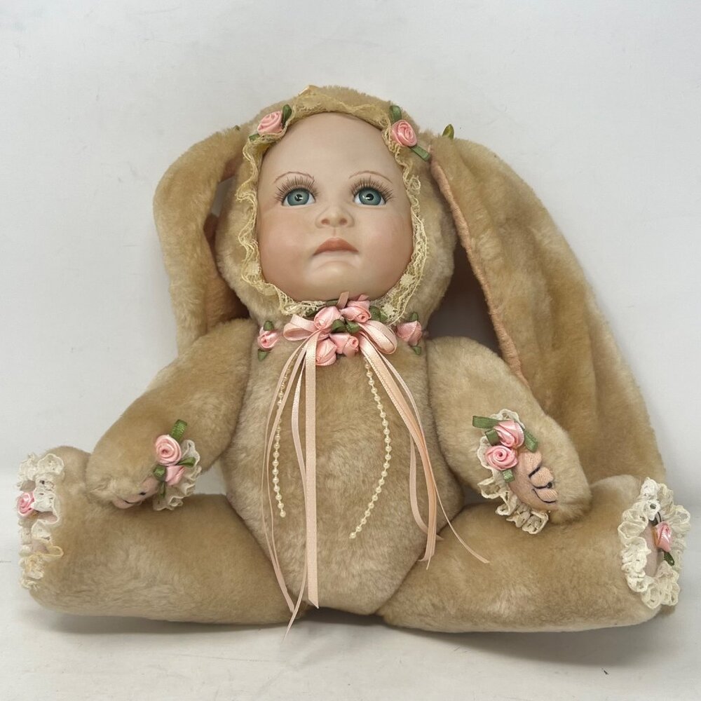 Porcelain Face Bunny Baby Doll Floral Embellishments & Ribbons‎ Beige 11.5" Tall